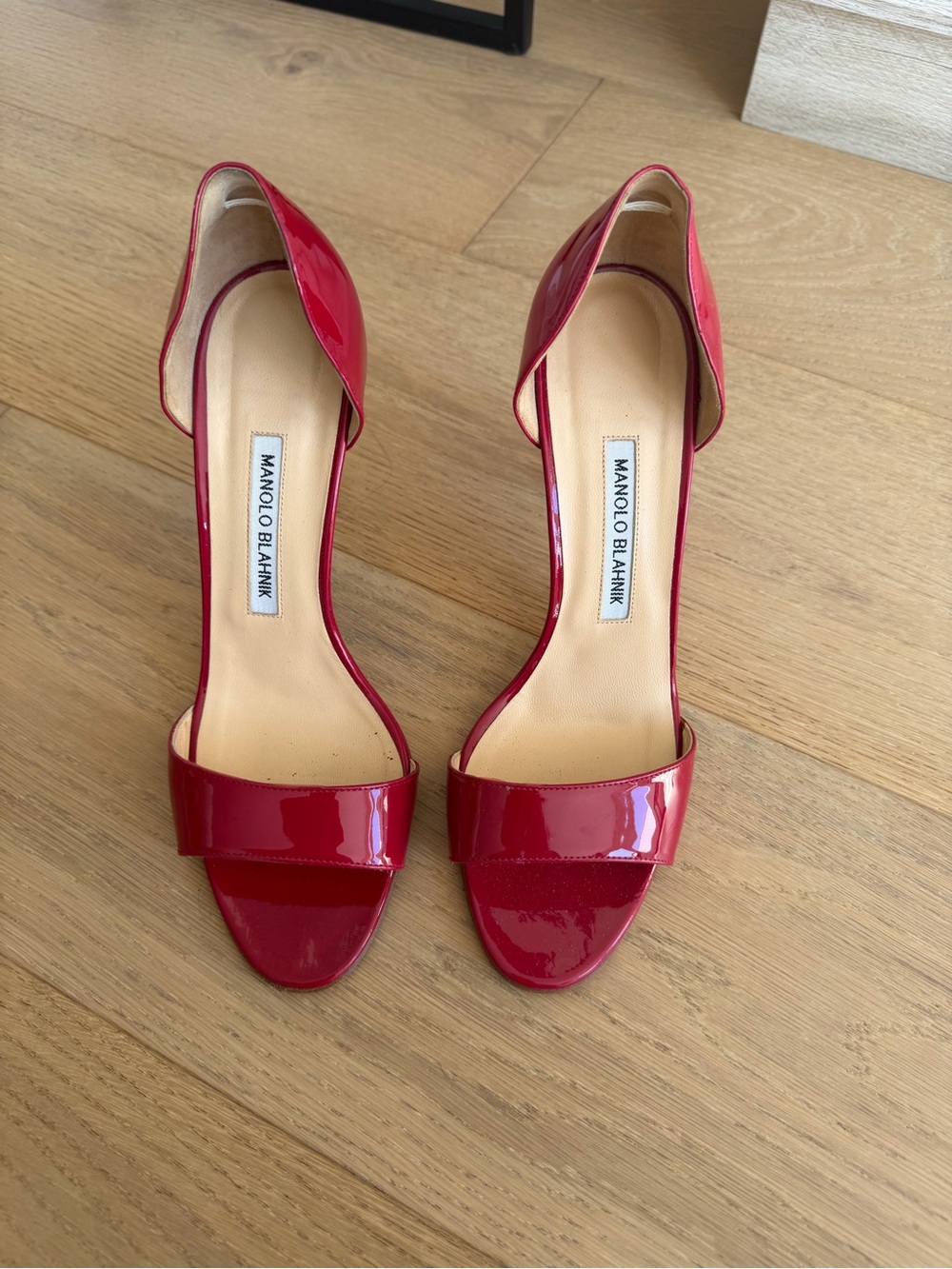 Manolo Blahnik Patent Red Open-Toe D'Orsay Heels - Never worn